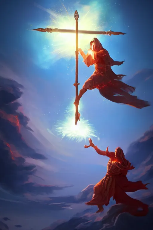 Prompt: levitating mage wielding a spear opening a shining portal pulsating in the night sky, horizon of an erupting volcano, trending on artstation, cgsociety, behance hd