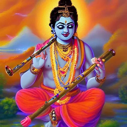 Image similar to Lord Krishna playing flute and all creatures of the world listening his soul full music , dreamy, mediation, magical effect, artstation, clear clean face, full body ,hyperreal, hyperdetailed