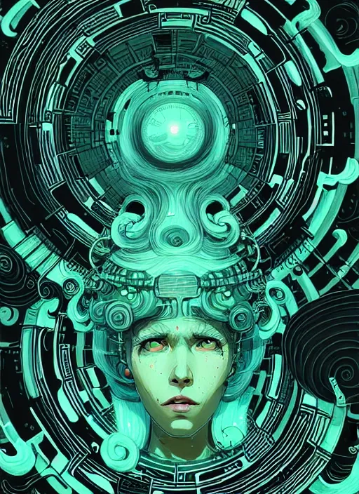 Image similar to highly detailed portrait of a biopunk long curly white hair tribal lady, stray wiring by atey ghailan, james gilleard, by joe fenton, by greg rutkowski, by greg tocchini, by kaethe butcher, 4 k resolution, gradient green, black and white color scheme!!! ( ( irradiated robotic spiral whirlwind background ) )