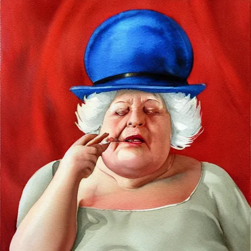 Image similar to a very funny stylize oil painting in cinematic style of a sweet fat old woman kissing her reflection. symmetry face, red mouth, blue eyes. flowery dress. hyper realistic scene. 3 d, octane render, deep focus, white scene. very funny and sweet image. unreal engine. watercolor. fellini style. poster quality. klee style.