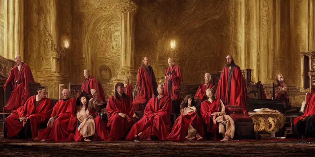 Image similar to beautiful oil matte portrait painting, ancient senators in royal crimson robes sit in tribunes, highly detailed, beautiful cinematic light deep focus, elegant, digital painting, smooth, sharp focus, golden ratio, dramatic illumination, art by aleksi briclot, rutkowski and caravaggio