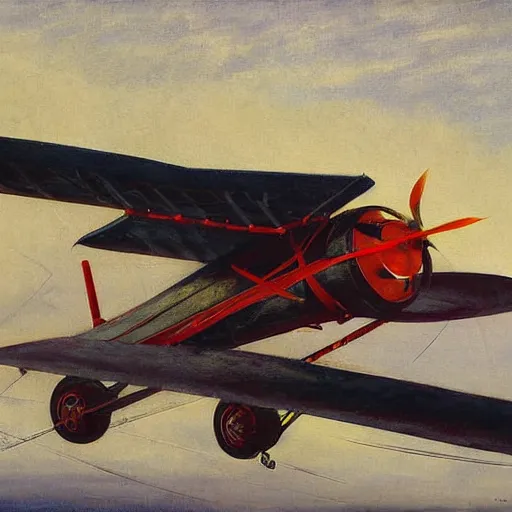 Image similar to a charles r knight painting of a yokai piloting a propeller plane