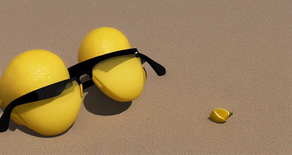 Prompt: a 3 d render of a lemon relaxing on a beach wearing sunglasses, octane render