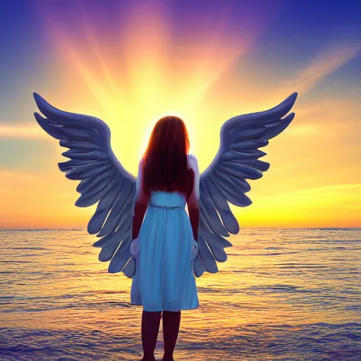 Prompt: young womens in paradise at the sea, golden hour ,joyfulness ,peaceful, holy spirit, joy, guardian angel, space as wall paper, dramatic,,,8k, ultrarealistic , highst resolution