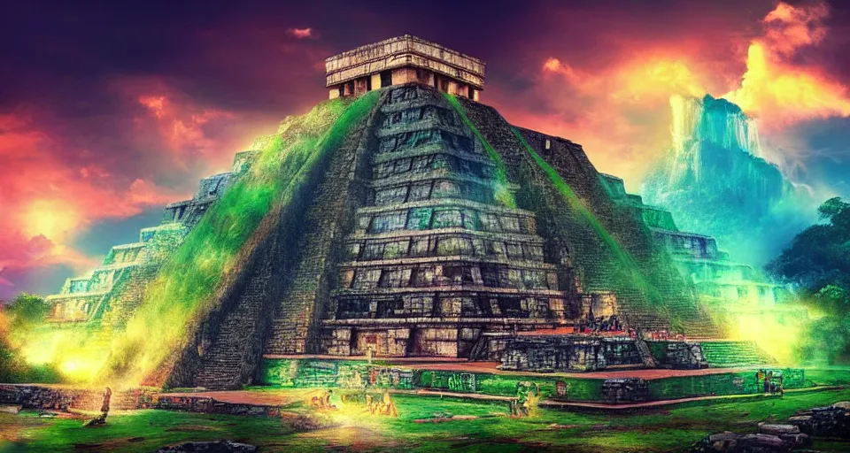 Image similar to ancient mayan civilization, huge mayan city with mayan pyramids in a landscape with waterfalls and stunning light and cheerful colors, epic composition, cinematic lighting, masterpiece, trending on artstation, very very detailed, masterpiece, stunning