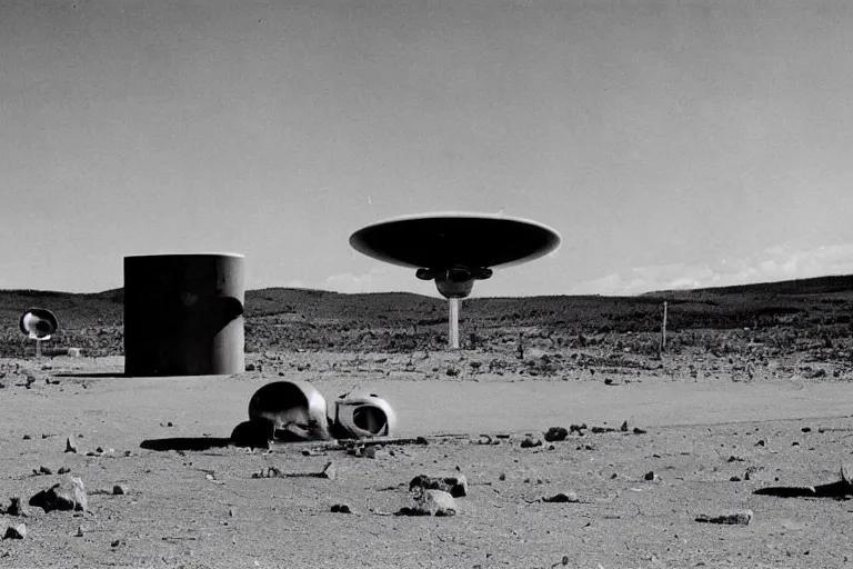 Prompt: leaked 1960s photograph of aliens and UFOs inside area 51