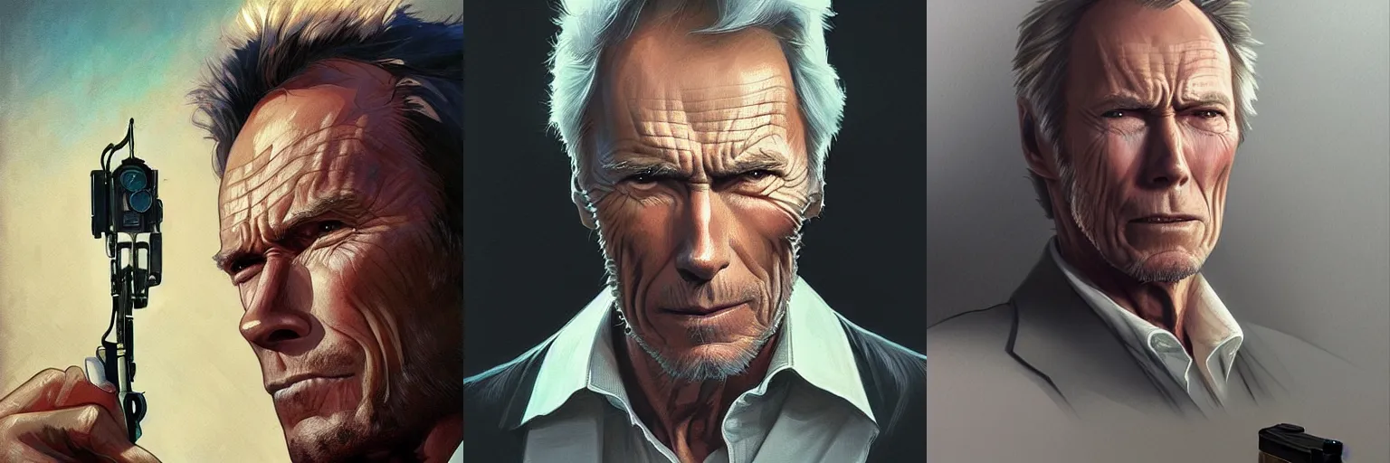 Prompt: portrait of Clint Eastwood as a detective, highly detailed, digital painting, artstation, concept art, sharp focus, illustration, art by artgerm and greg rutkowski and alphonse mucha