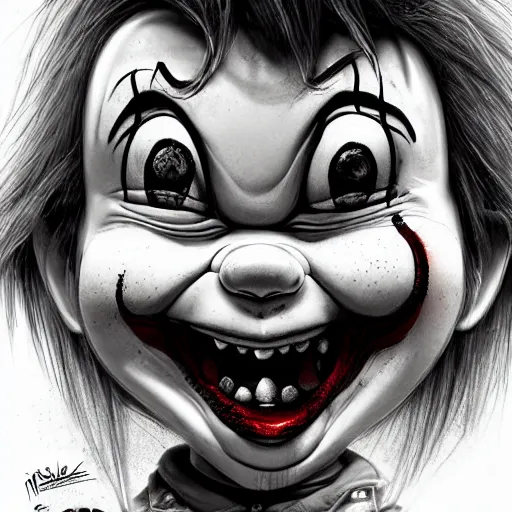 Prompt: grunge cartoon portrait sketch of chucky with a wide smile and a red balloon by - michal karcz, loony toons style, pennywise style, chucky style, horror theme, detailed, elegant, intricate