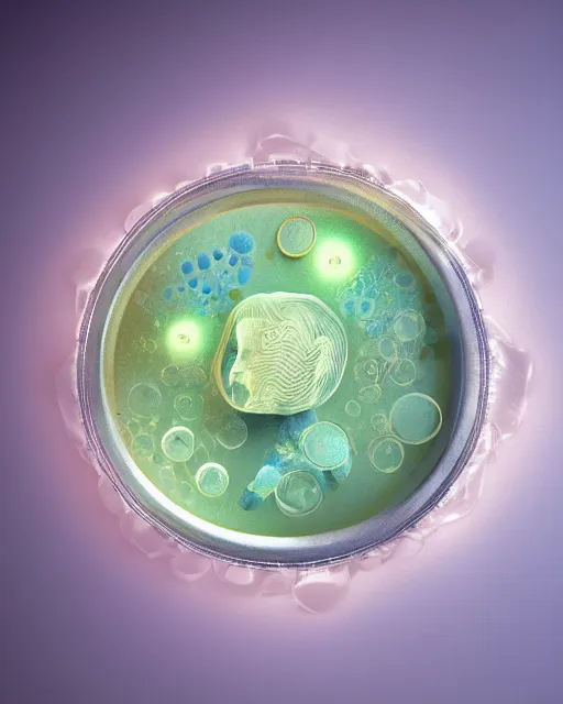 Image similar to natural light, soft focus photo of petri dish with a bacteriological culture and mold with little filaments under the microscope, octane render, tilt shift, polaeized light, blue bioluminescent plastics, smooth shiny metal, elaborate ornate head piece, piercings, skin textures, by annie leibovitz, paul lehr