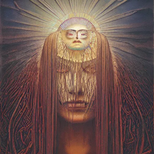 Image similar to the queen of the sun by zdzislaw beksinski and h. r. giger, oil on canvas