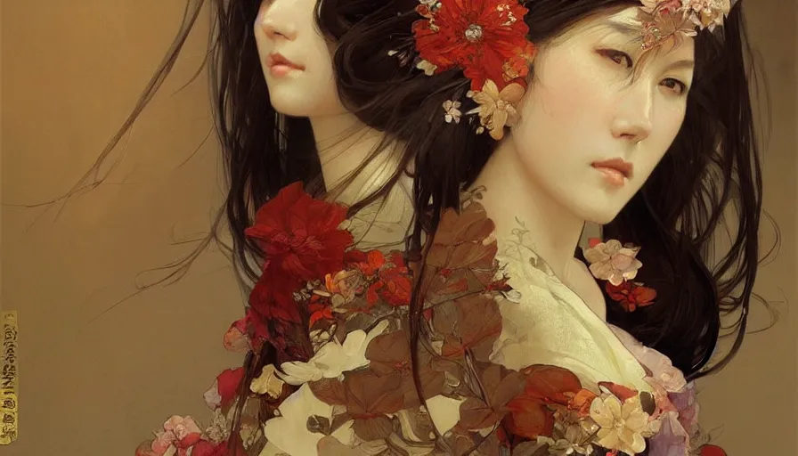 Image similar to a beautiful realistic painting of a beautiful geisha, intricate, elegant, highly detailed, digital painting, artstation, concept art, by krenz cushart and artem demura and alphonse mucha