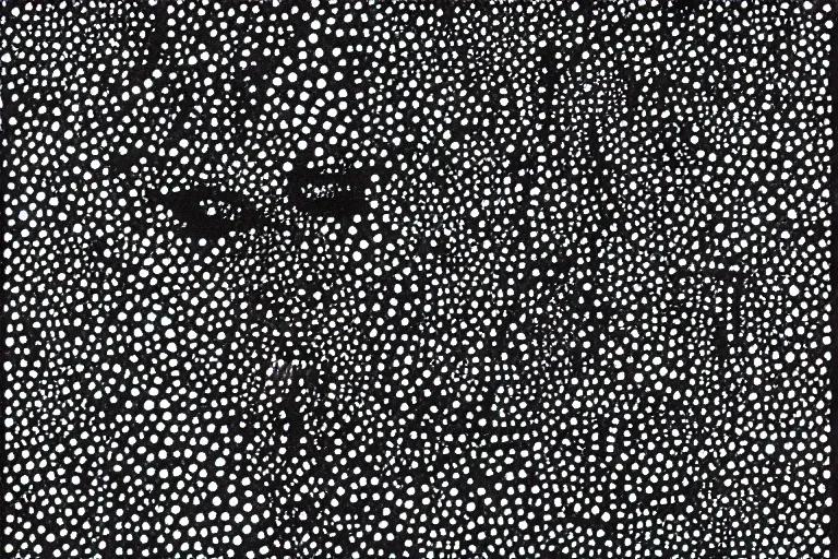 Image similar to black figure, faceless people dark, dots, drip, stipple, pointillism, technical, abstract, minimal, style of francis bacon, asymmetry, pulled apart, cloak, hooded cowl, made of dots, abstract, balaclava, colored dots, sploch