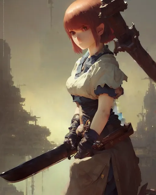 Image similar to cute girl, whitesmith, huge intricate hammer, weapon, mechanical parts, digital painting by krenz cushart, ilya kuvshinov, akihiko yoshida, greg rutkowski, karl spitzweg. sharp focus, highly detailed, intricate background