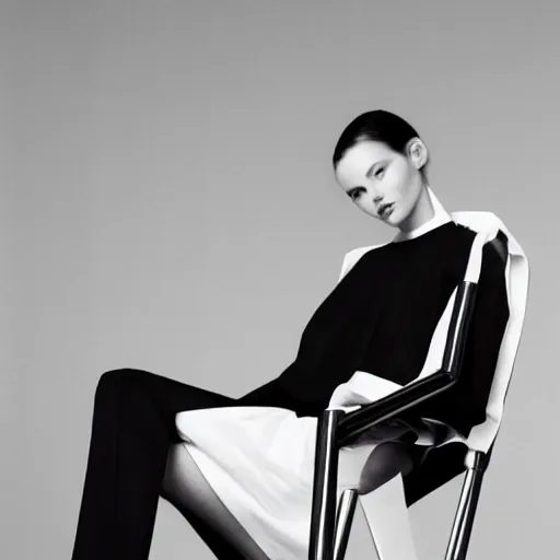 Prompt: close up of fashion model sitting on chair, official jil sander editorial