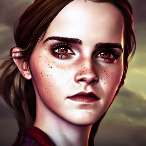 Prompt: An epic fantasy comic book style portrait painting of Emma Watson, unreal 5, DAZ, hyperrealistic, octane render, cosplay, RPG portrait, dynamic lighting