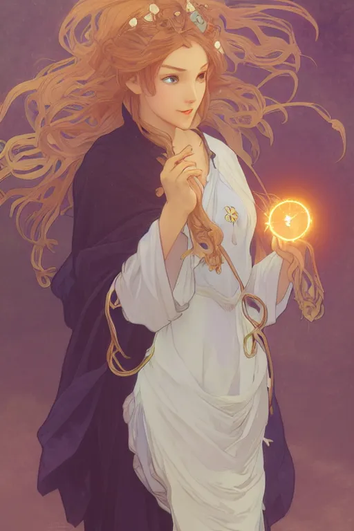 Prompt: a cute wizard girl conjuring a lightening ball, character art portrait, anime key visual, official media, illustrated by alphonse mucha, wlop, william bouguereau, extremely detailed, 8 k, trending on artstation, cinematic lighting, beautiful