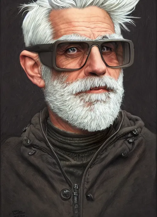 Prompt: a ruggedly handsome man with white hair and safety goggles, intricate, elegant, highly detailed, centered, digital painting, artstation, concept art, smooth, sharp focus, illustration, art by todd lockwood and donato giancola and Joseph Christian Leyendecker