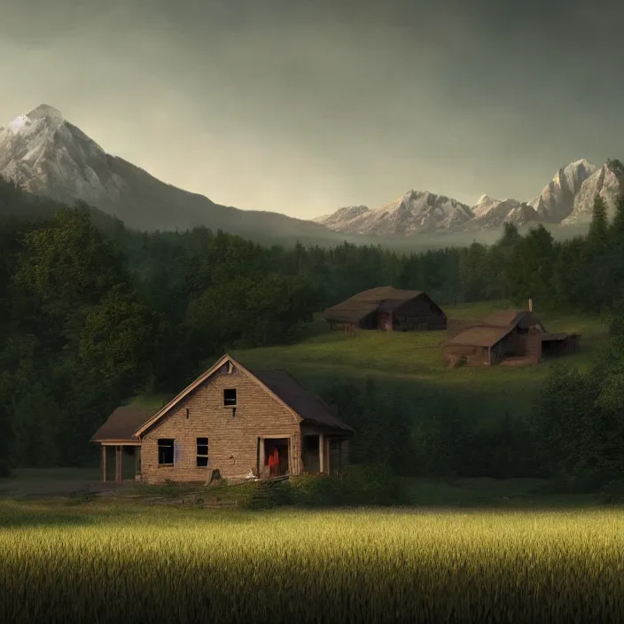 Image similar to a house in a field with mountains in the background, a matte painting by gregory crewdson, behance contest winner, american scene painting, matte painting, concept art, movie still