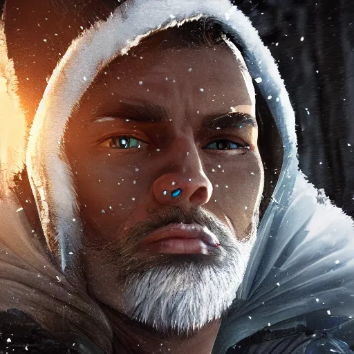 Image similar to A comic book style portrait painting of a male ranger in a a post apocalyptic winter landscape, unreal 5, DAZ, hyperrealistic, octane render, RPG portrait, ambient light, dynamic lighting