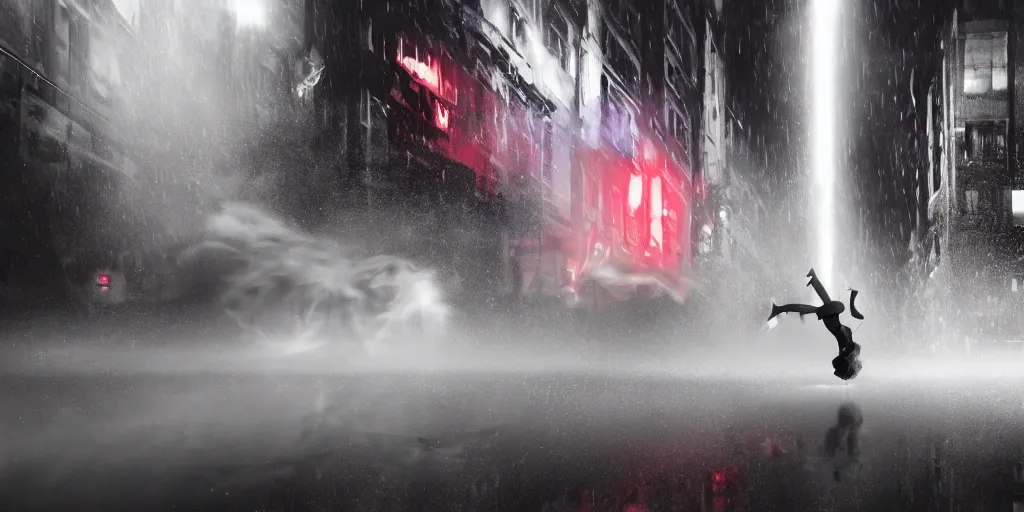 Image similar to fisheye slow motion with trail effect of futuristic break dancer wearing floating long dress, long exposure shot , at night in the middle of a rainy street, paddle of water, steam, fog, water splashes, rim lights, glossy reflections, water droplets on lens, octane render, dark and dramatic, detailed and soft, tongue of fires