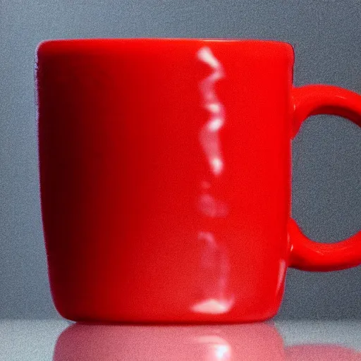 Image similar to photorealistic professional photography of a mug filled with red, opaque slime, taken in a professional studio.