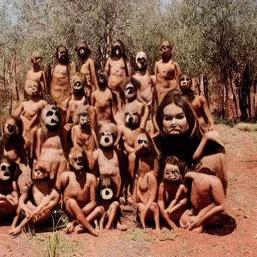 Image similar to secret photos of a cult in central australia. everyone must not wear pants, only tops, all their hair is shaved off but bears are aloud. you must carry a vegetable at all times. very creepy photos of this strange cult in the year 1 9 9 7