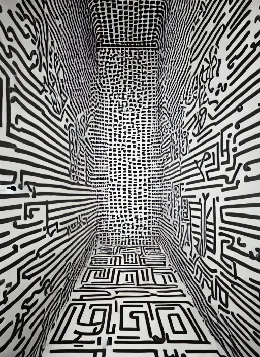 Prompt: photograph of a hallway decorated by Keith Haring, architecture magazine, dezeen, 50mm, pentax, film