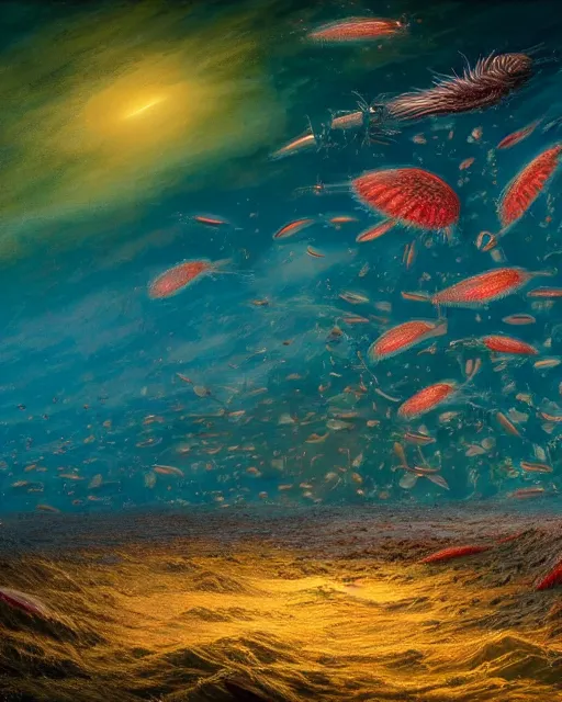 Prompt: A beautiful hyper realistic matte painting of darkfield microscopy krill Copepods Under Microscope by Justin Gerardof, John Howe, Albert Bierstadt, Alena, vivid color hues, Trending on artstation , opalescence, refraction, aesthetic plethora of ocean life precious Planktonia phytoplankton diatom protozoa