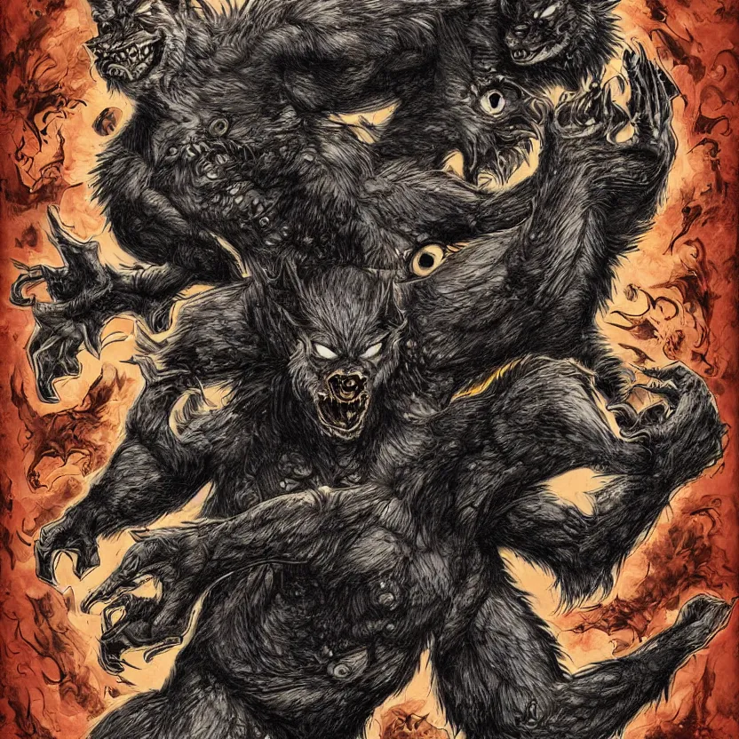 Image similar to werewolf monster with many eyes. pulp science fiction. dark background