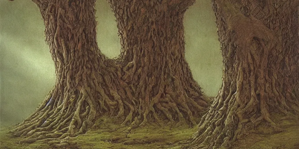 Image similar to Artwork by John Howe of The corpse of a giant that has a tree growing through its chest.