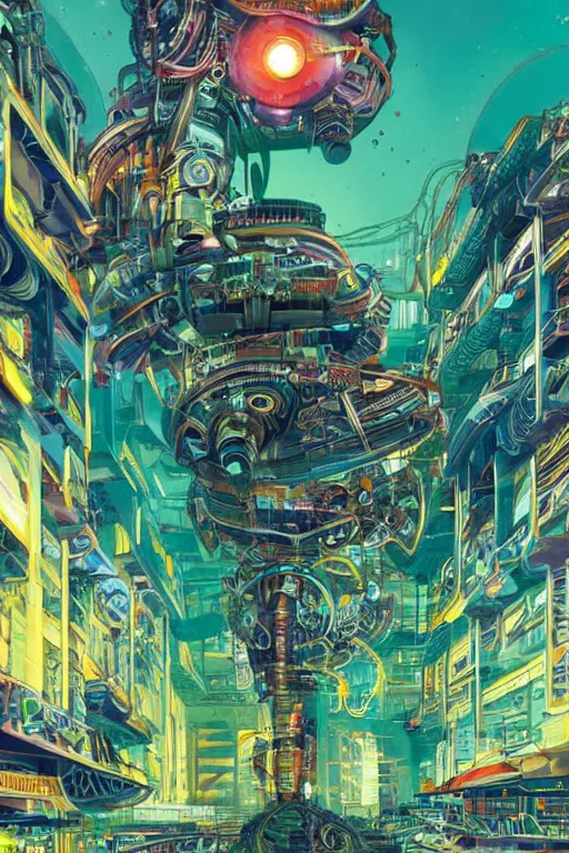 Image similar to a hyper-maximalist overdetailed retrofuturist scifi bookcover illustration from '70s. Biopunk, solarpunk style.