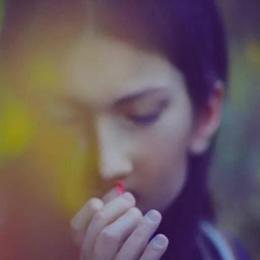 Prompt: oversaturated, burned, light leak, film, photo of a girl smelling a flower