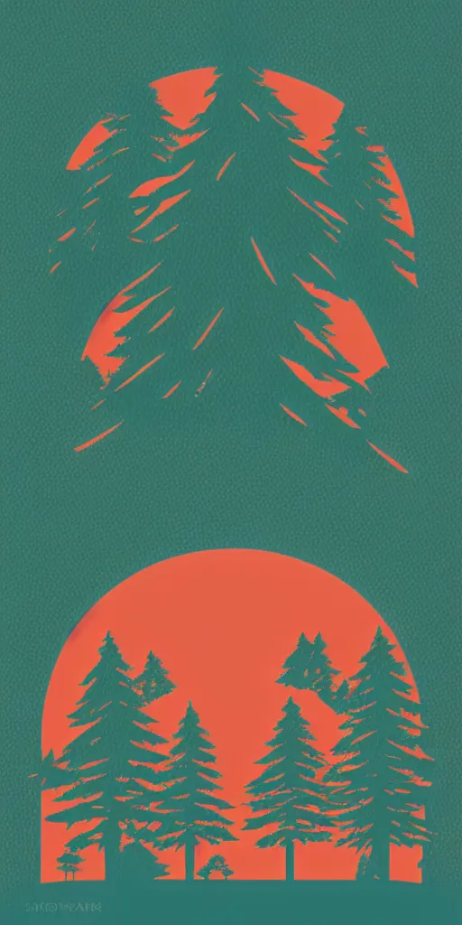 Prompt: shirt design, vector style, two groups of pines, big red sun, fresh modern look, made with photoshop,