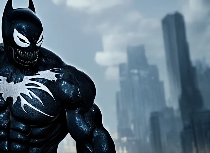 Image similar to venom fused with batman, ultra realistic 4 k unreal engine very cinematic render with ray tracing bloom ambient occlusion strong reflections