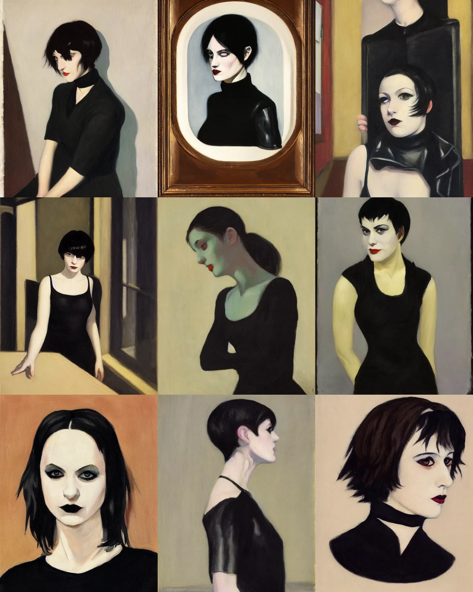 Prompt: A goth portrait painted by Edward Hopper. Her hair is naturally dark brown and cut into a short, messy pixie cut. She has a slightly rounded face, with a pointed chin, large entirely-black eyes, and a small nose. She is wearing a black tank top, a black leather jacket, a black knee-length skirt, a black choker, and black leather boots.