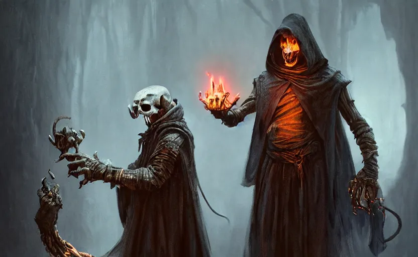 Prompt: portrait of a humanoid rat sorcerer with a rat skull face, laser eyes in the rat skull, dark hooded sorcerer robes, fantasy, d & d, greg rutkowski, frank frazetta, intricately detailed, impressive lighting, misty environment, holding a blue fire in each hand, power stance, ultimate power, doom, 8 k hdr