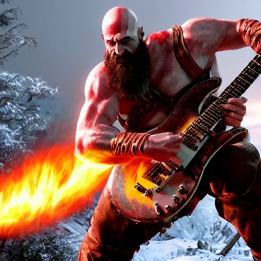 prompthunt: kratos shredding on a flaming stratocaster guitar