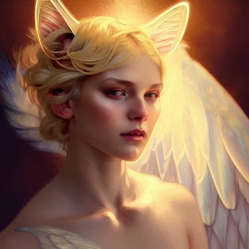 Image similar to Portrait of a girl angel with blonde hair, cat ears, glowing halo, wings, fantasy, intricate, elegant, highly detailed, digital painting, artstation, concept art, smooth, sharp focus, illustration, art by Krenz Cushart and Artem Demura and alphonse mucha