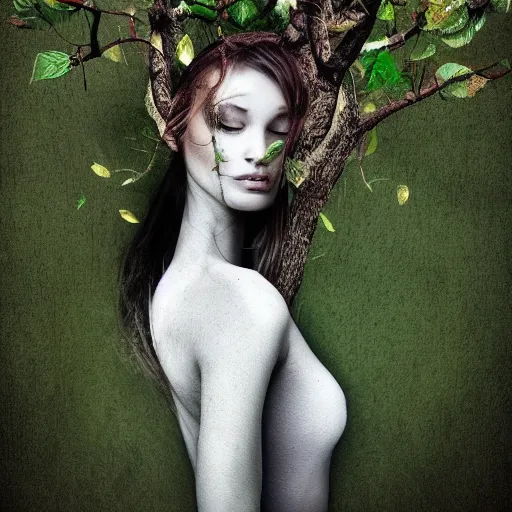 Image similar to woman with tree growing out of her head, beautiful, artistic, digital art