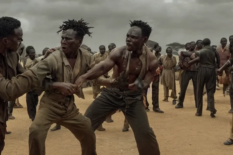 Image similar to film still of the best fight scene from the new pacific movie, set in nairobi