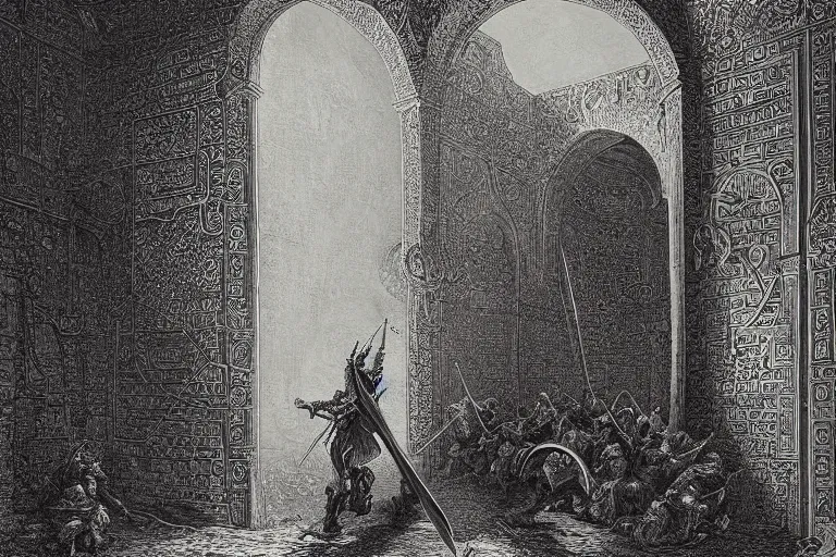 Image similar to highly detailed big open book, open book page, don quixote leave the book, symmetrical, masterpiece, by gene wolfe, highly detailed painting by gustave dore