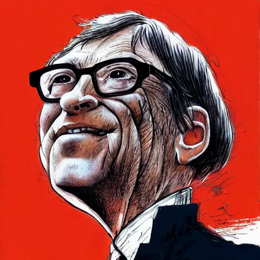 Prompt: bill gates holding a vaccine in his hand, Body horror, by Ralph Steadman