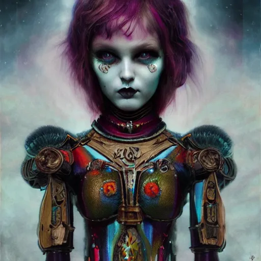 Prompt: photorealistic portrait of a curiosities carnival, single doll punk in a full gothic armor, multiple dyed colors haircut, marvel, symmetry accurate features, focus, rainbow lighting, very intricate details, award winning masterpiece, by tom bagshaw, ultra deep fog background