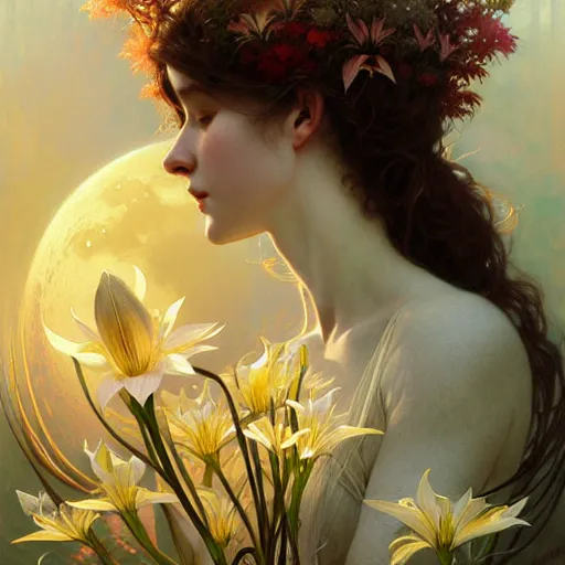 Image similar to A portrait of a fairy blessing moon lillies, fantasy, intricate, elegant, highly detailed, digital painting, artstation, concept art, smooth, sharp focus, illustration, art by Krenz Cushart and Artem Demura and Alphonse Mucha