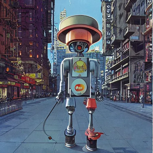Image similar to a lone robot walking in a city, he has a computer screen for a face, on his head he is wearing a bucket hat made of a flamingo print cloth, by John Harri and Michael Whelan and John Berkey and Robert McCall and Chris Foss and Chris Moore and Vincent Di Fate and Rafał Olbiński and Jim Burns