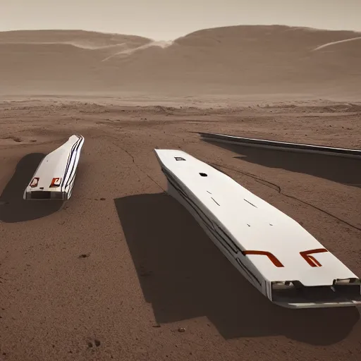 Image similar to two sleek white long spacecraft, over the surface of mars dramatic lighting, highly detailed, photorealistic, cinematic, sci-fi, octane render