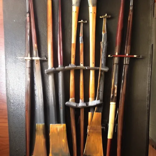 Prompt: painting of a bow on a weapons rack