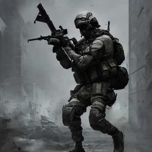 Image similar to Dying Mercenary Special Forces soldier in grey uniform with black armored vest in a battlefield 2020, combat photography by Feng Zhu, highly detailed, excellent composition, cinematic concept art, dramatic lighting, trending on ArtStation