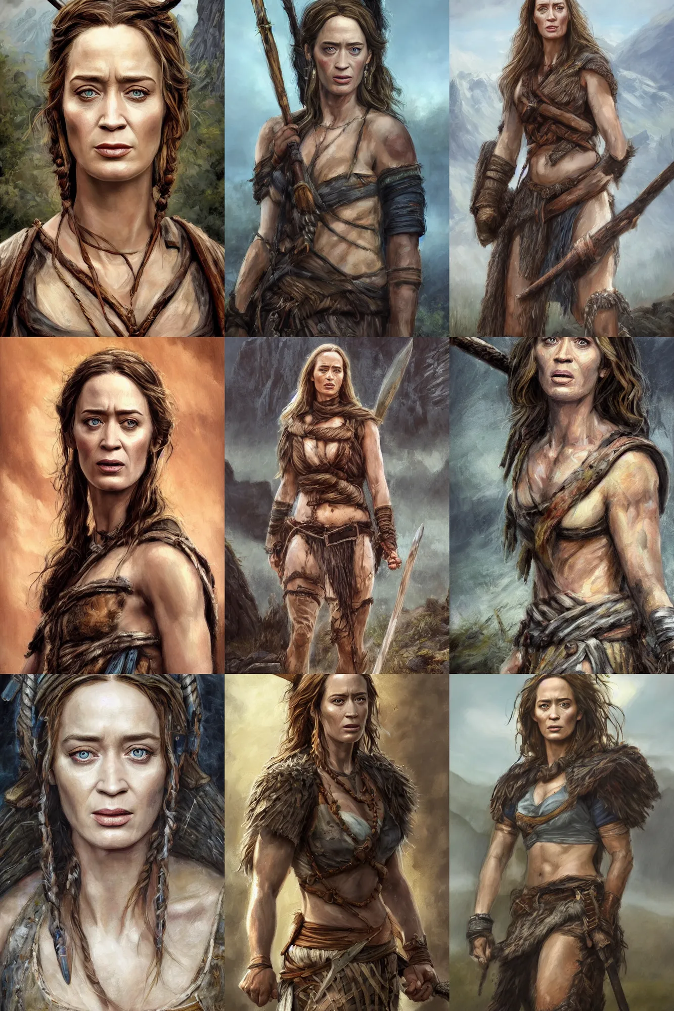 Prompt: a full body high detail fantasy portrait oil painting illustration of emily blunt as a single rugged stoic barbarian woman by Justin Sweet with face and body clearly visible, in a scenic background, pupils visible, face restoration, realistic proportions, d&d, rpg, forgotten realms, artstation trending, high quality, sombre mood, artstation trending, muted colours, no crop, entire person visible!, natural light, Adobe Photoshop, Adobe Lightroom, photolab, Affinity Photo,