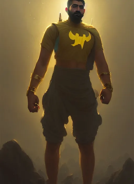 Image similar to highly detailed portrait arab man superhero, fighter, yellow charcoal, stephen bliss, 8 k, unreal engine, fantasy art by greg rutkowski, loish, rhads, ferdinand knab, makoto shinkai and lois van baarle, ilya kuvshinov, rossdraws, tom bagshaw, global illumination, radiant light, detailed and intricate environment